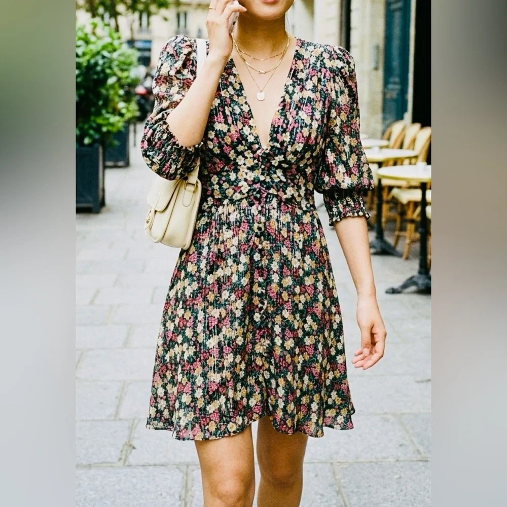 Zara Floral V-Neck Mini Dress Blogger Favorite Metallic XS Cottagecore - Picture 3 of 13